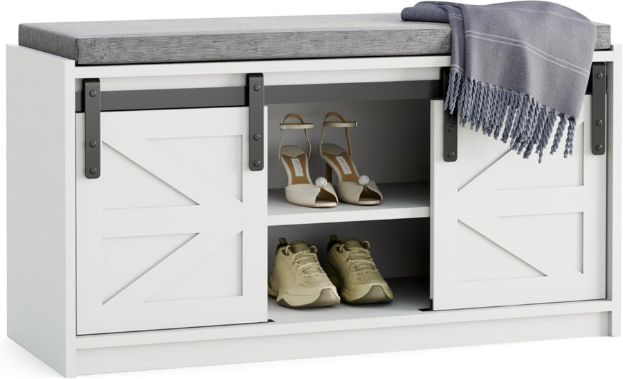 Farmhouse Shoe Storage Bench 2-Tier Sliding Barn Doors, Cushioned Seat