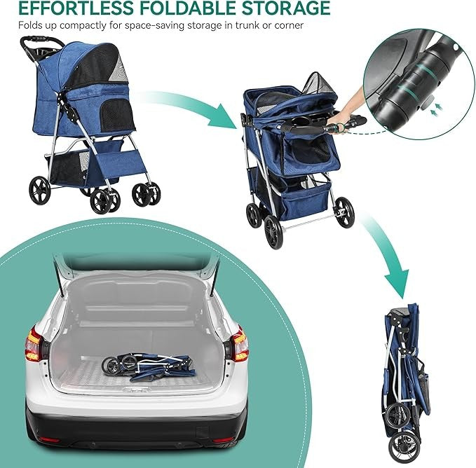 Dog Stroller 4 Wheel Folding Pet Buggy with Storage Basket Travel