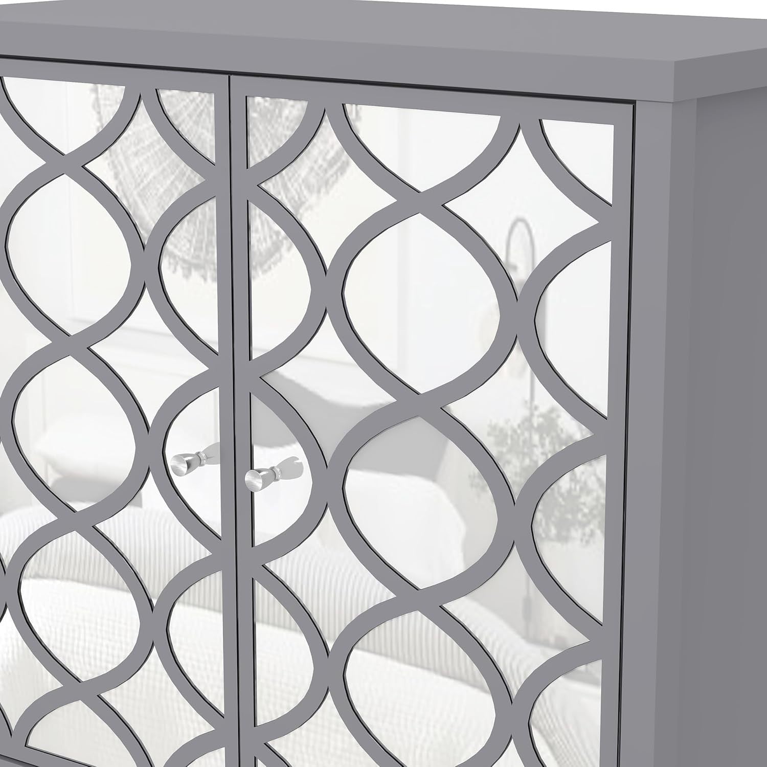Grey Mirrored Sideboard Cabinet 2 Door Storage Unit for Hallway Living