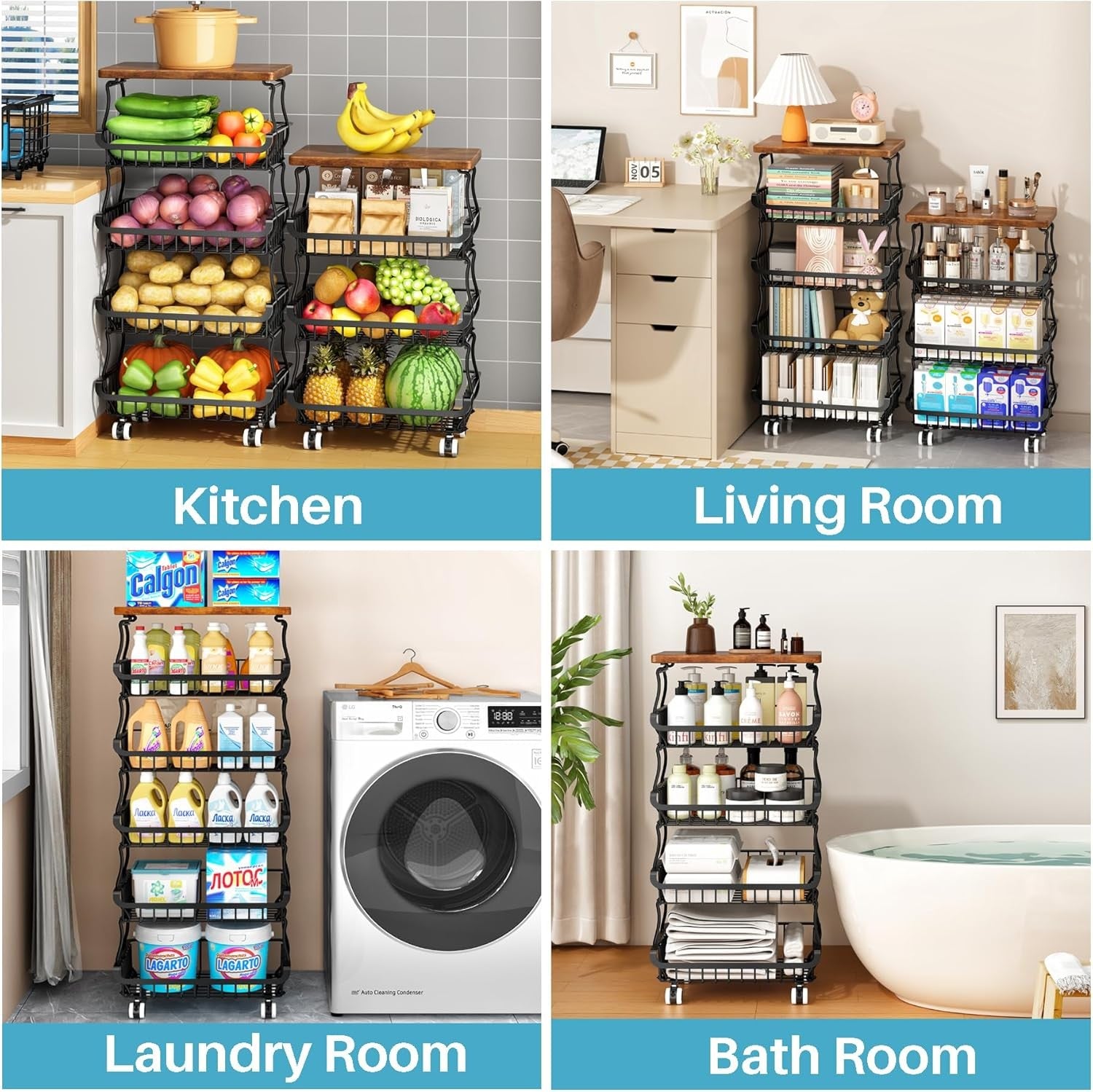 4 Tier Pantry Organiser Storage Cart Rolling Metal Baskets Kitchen Trolley