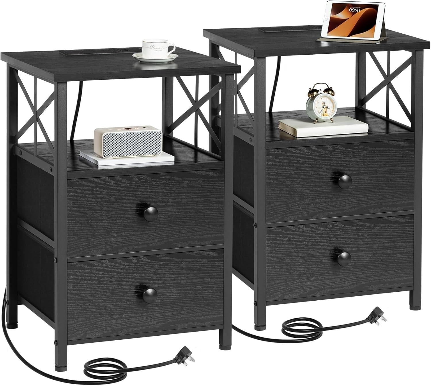 Set of 2 Black Bedside Tables with USB Charging Ports & Fabric Drawers