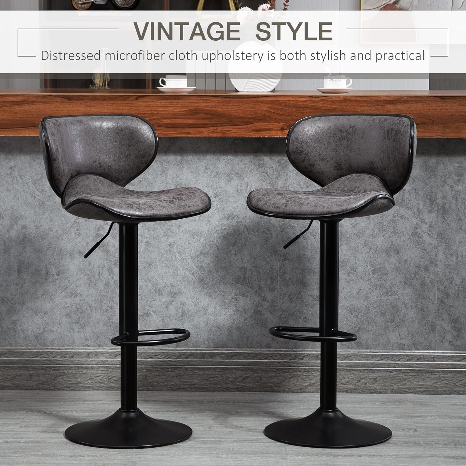 Adjustable Swivel Bar Stools Set of 2 | Dark Grey Faux Leather Breakfast Chairs