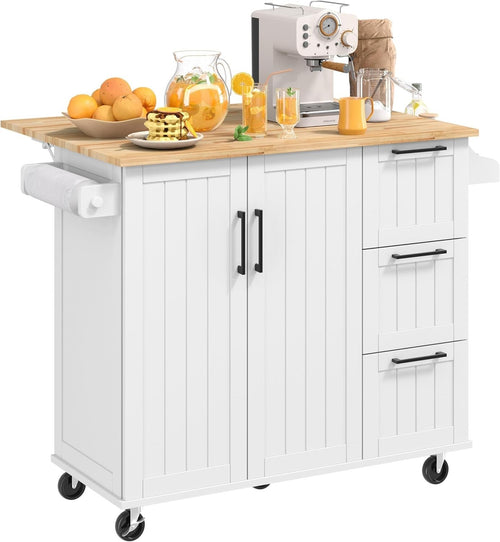 Rolling Kitchen Island Cart w/ Drop Leaf, Storage & Drawers 123x75x91cm