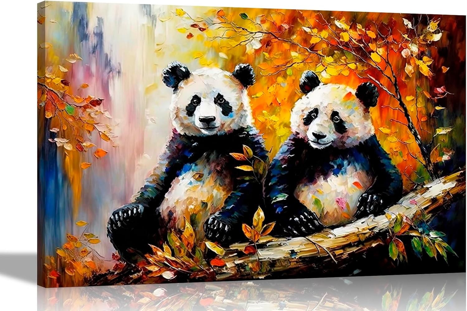 Pandas in Autumn Forest Framed Canvas Wall Art 20×14 in Wildlife