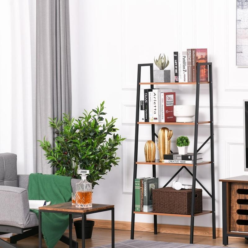 4-Tier Ladder Shelf Bookcase – Industrial Storage Rack in Black & Brown