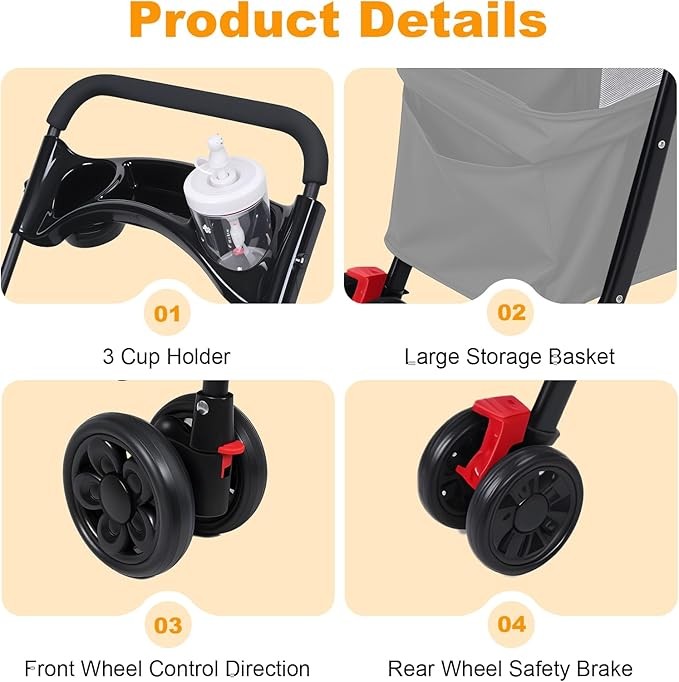 4 Wheel Dog Stroller Folding Pet Pram with Cup Holder Travel Buggy