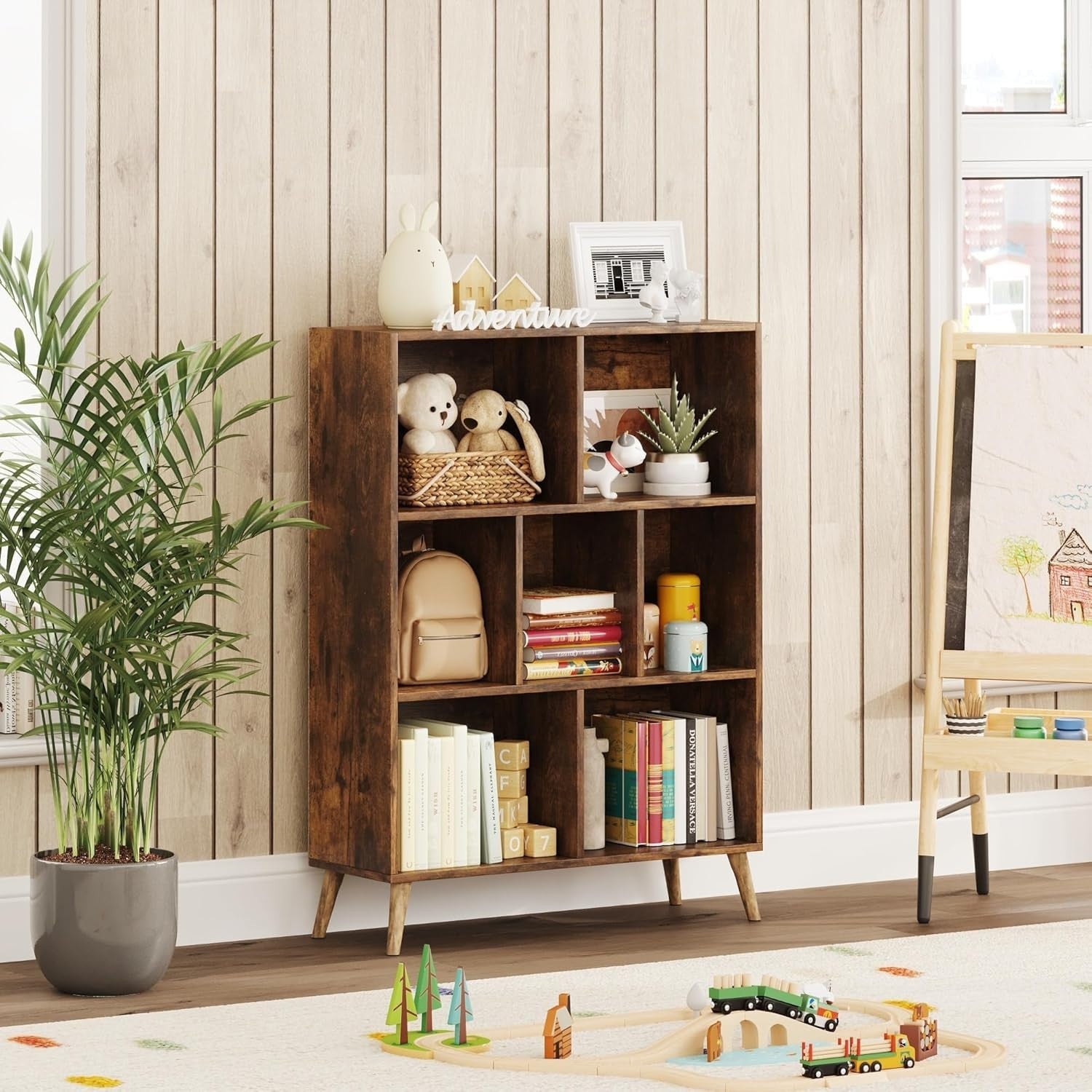 7 Cube Rustic Wooden Bookcase Modern 3 Tier Storage Shelf with Legs 80x24x107cm