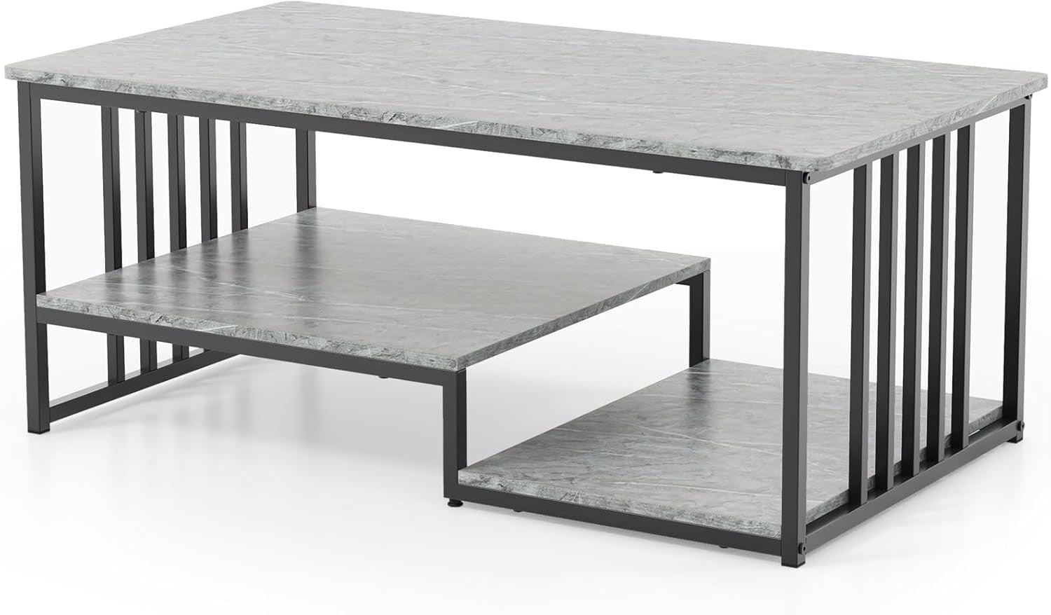 3-Tier Faux Marble Coffee Table with Storage Shelves & Sturdy Metal Frame