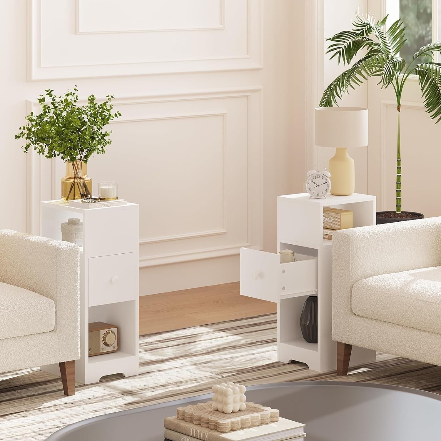 Set of 2 Slim White Bedside Tables with Drawer & Shelves | Modern