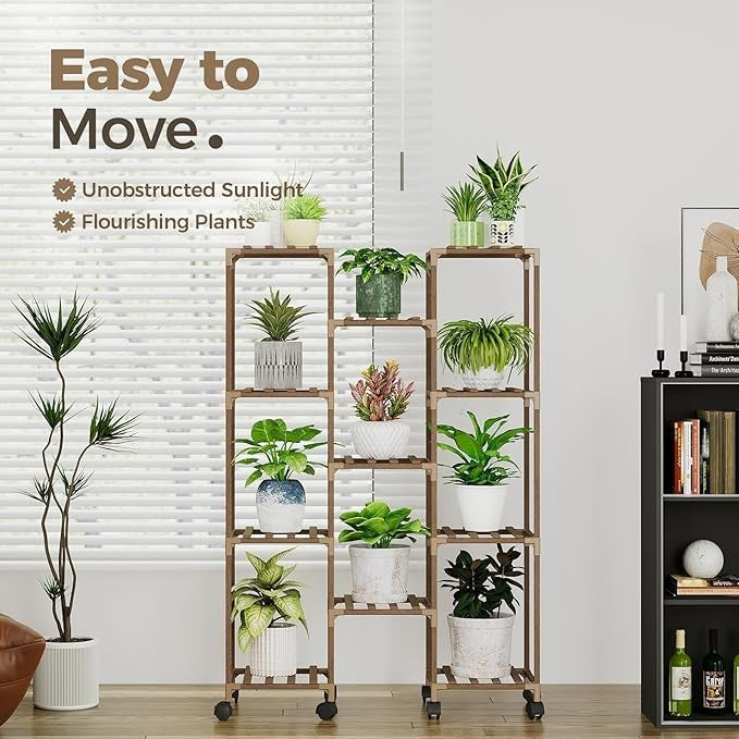 Wooden Plant Stand with Wheels Indoor Outdoor Multi-Shelf Flower Rack