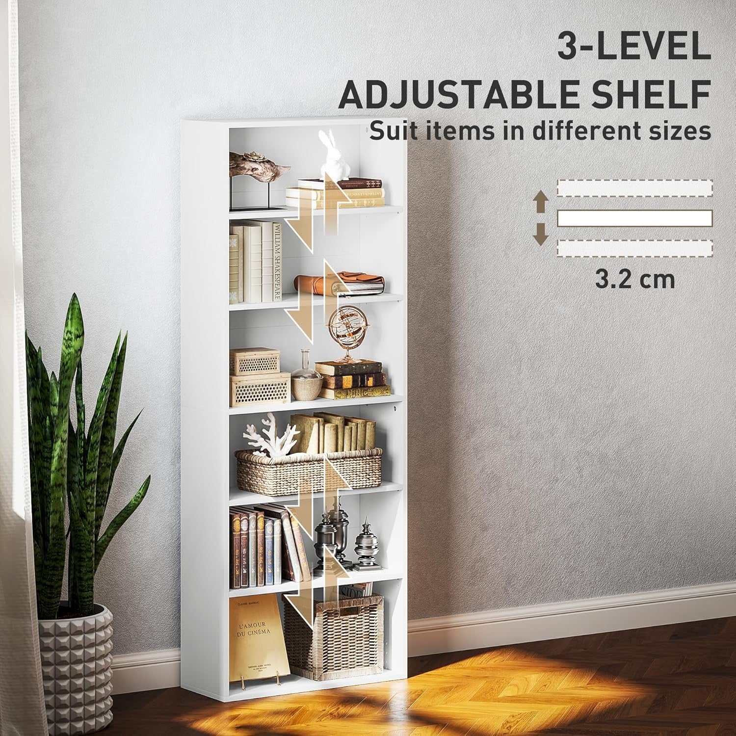 White 6-Tier Tall Bookcase Adjustable Shelves Modern Slim Storage Display Unit