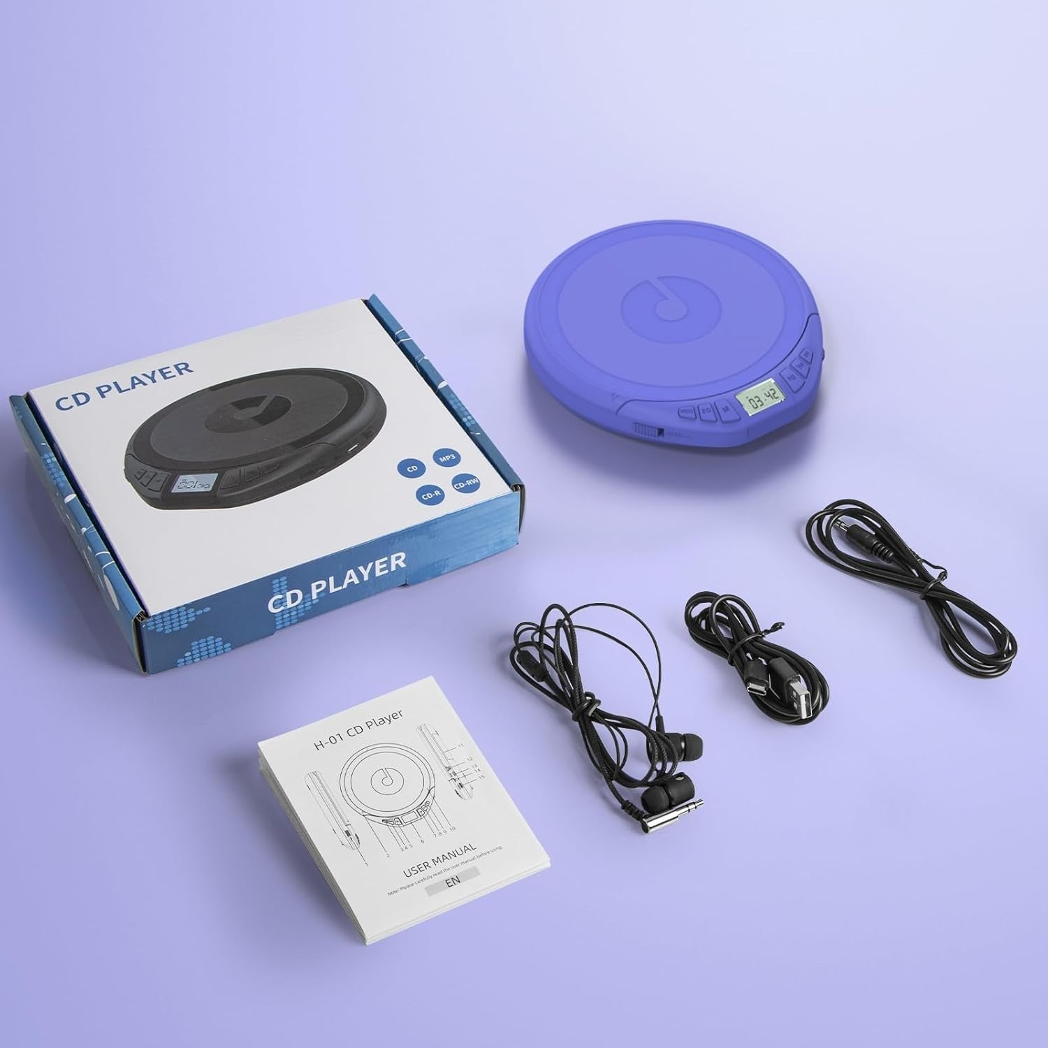 Personal CD Player Portable Anti-Skip LCD Display AUX Car Earphones Blue