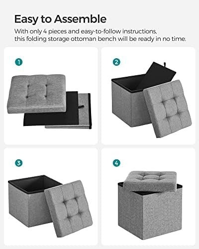 Light Grey Folding Storage Ottoman Cube 38cm Footstool with Lid & Tufted Seat