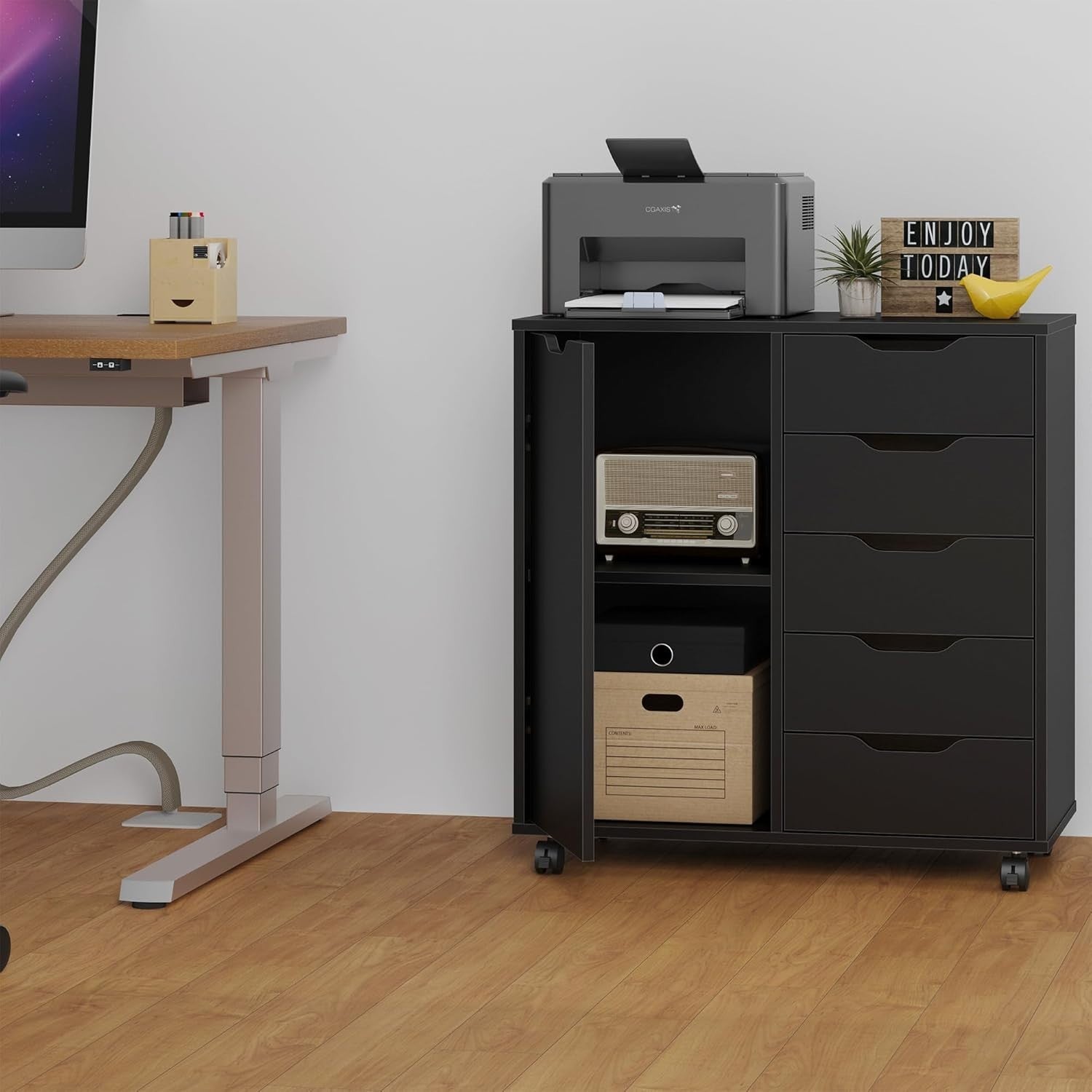 Black Mobile File Cabinet 5 Drawer Side Cupboard Rolling Storage
