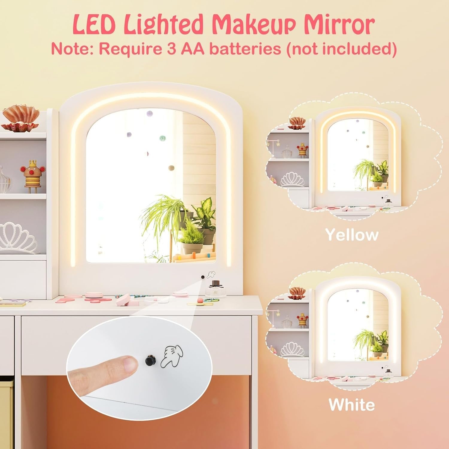 Kids Vanity Table Set Girls Dressing Desk & Stool LED Lighted Mirror Wood White