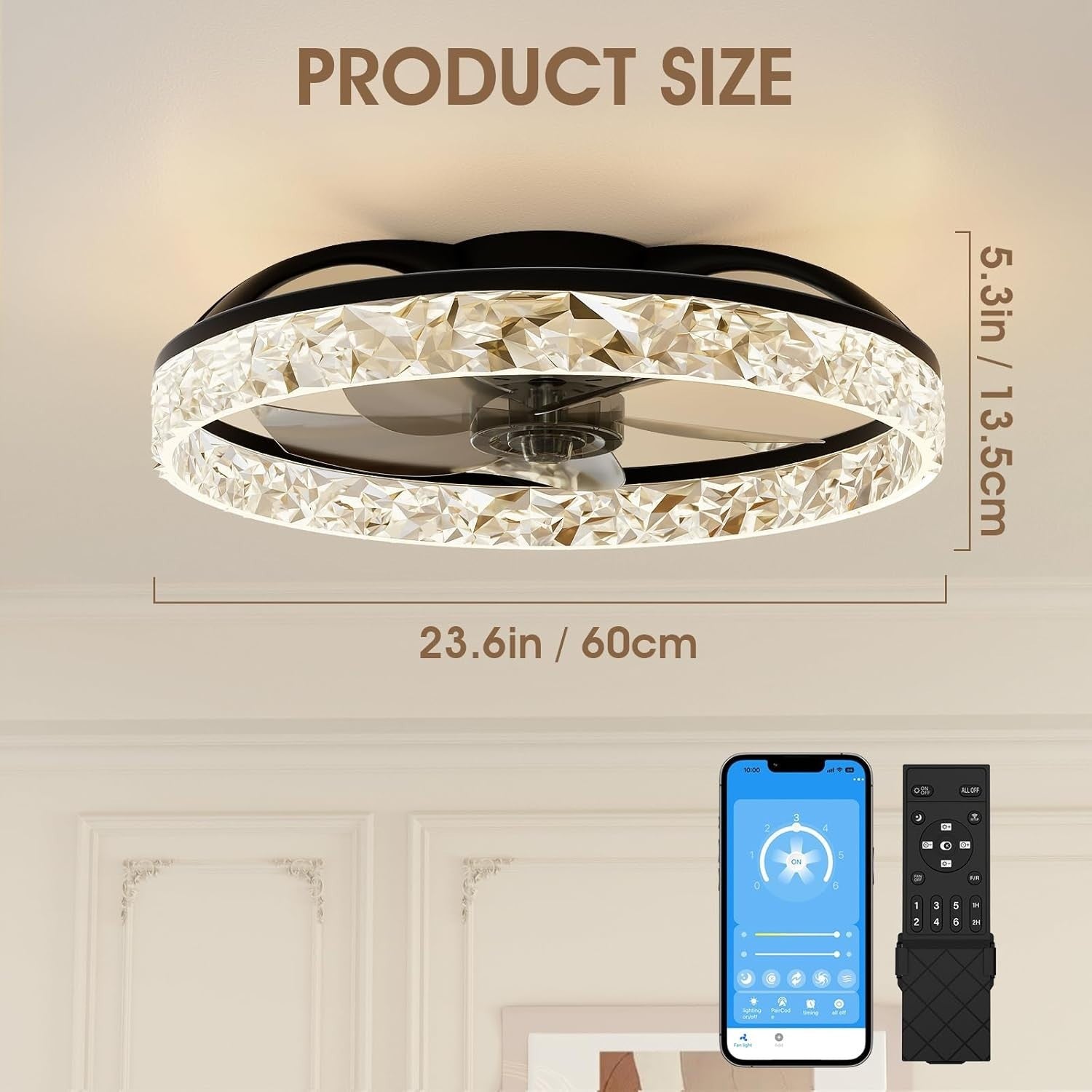 60CM LED Ceiling Fan Light, Remote & App Control, 6 Speeds, Black