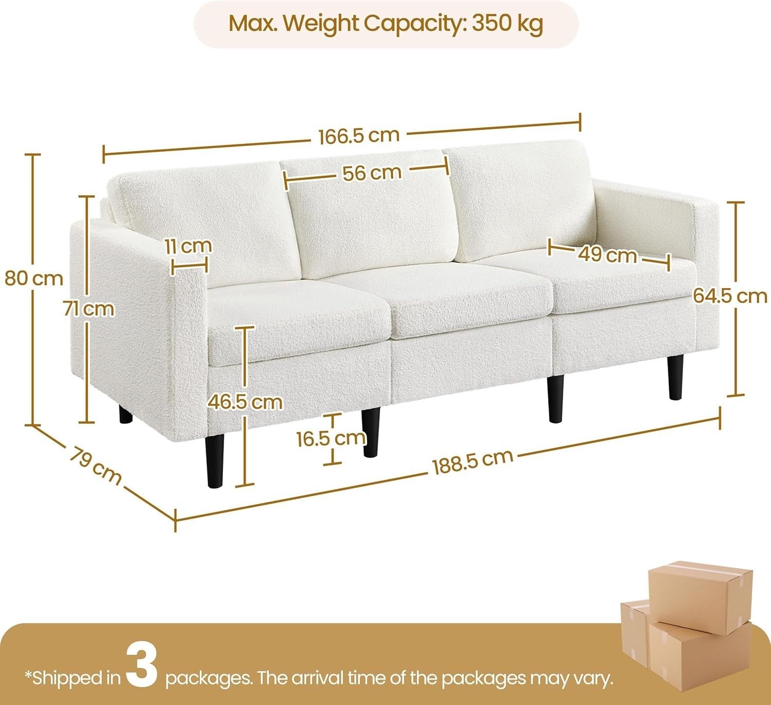 Ivory Bouclé 3 Seater Sofa Modern Compact Couch for Lounge Office