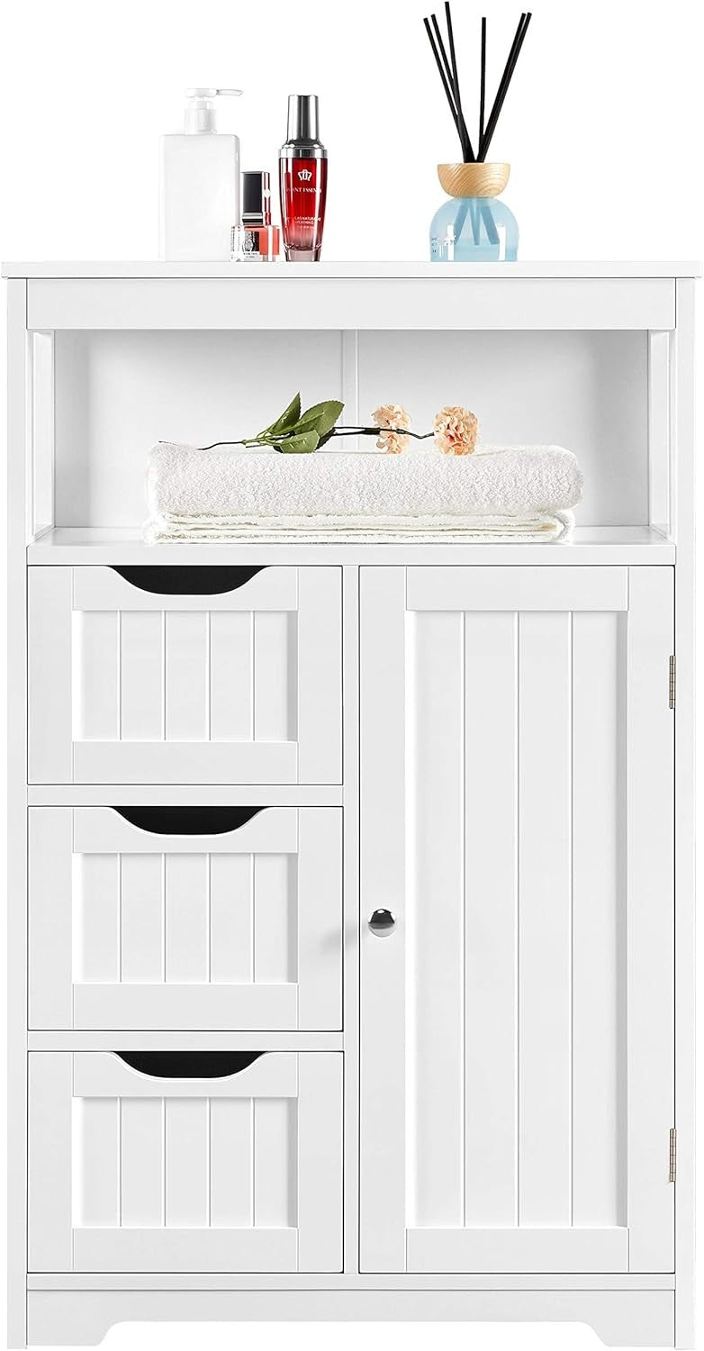White Bathroom Storage Cabinet with 3 Drawers & Door Freestanding Unit