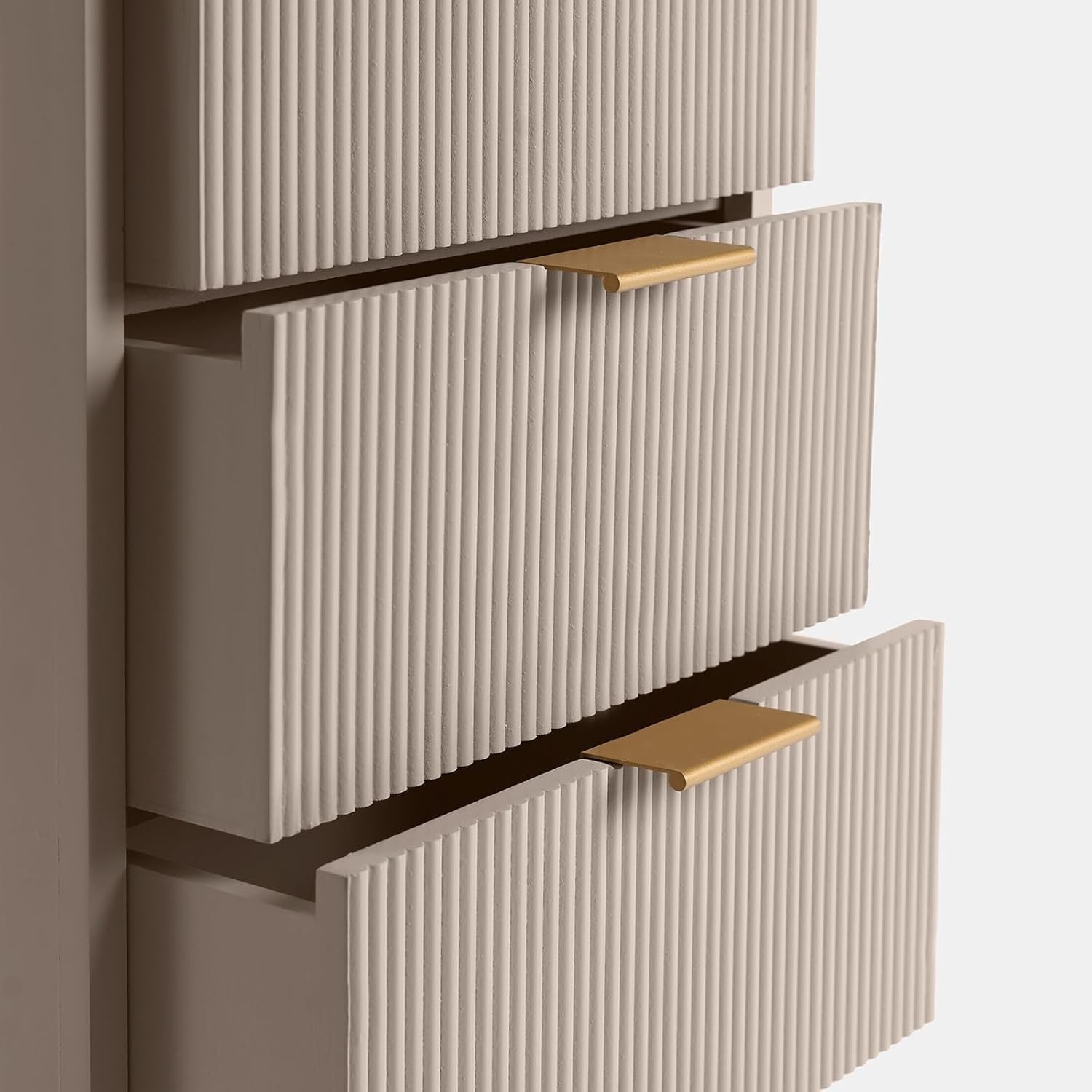 Modern Beige 4 Drawer Bedside Table | Tall Ribbed Nightstand with Gold Legs