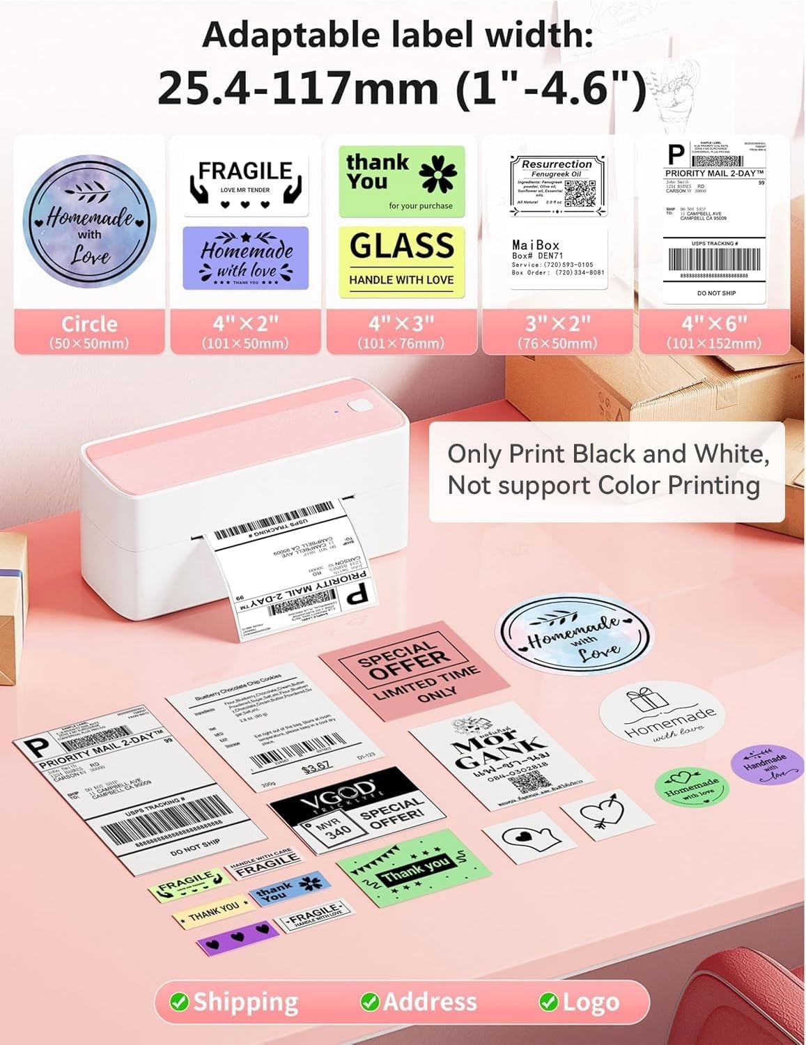 4x6 Bluetooth Thermal Label Printer Shipping Inkless Pink