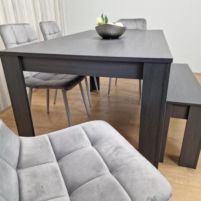 6 Seater Dining Table Set with Bench & 4 Grey Chairs – Modern Wood Effect