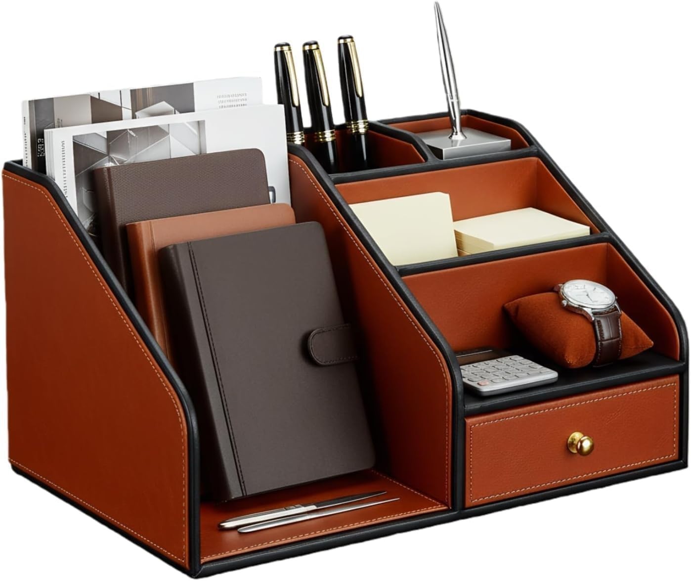 PU Leather Desk Organizer with A4 Magazine Rack & Pen Holder 33x28x18cm