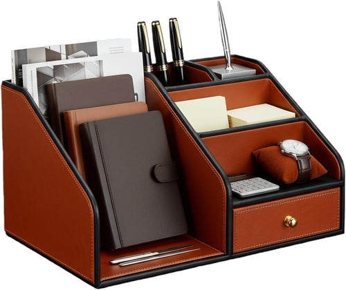 PU Leather Desk Organizer with A4 Magazine Rack & Pen Holder 33x28x18cm