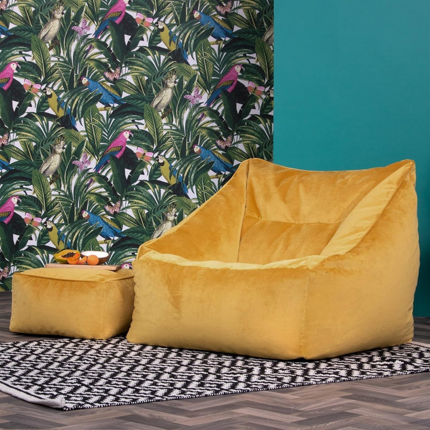 Ochre Yellow Velvet Bean Bag Chair Adult Armchair Set with Footstool