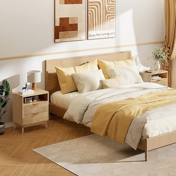 Modern Wood Bedside Tables Set of 2 with Open Shelf & 2 Drawers Bedroom Storage
