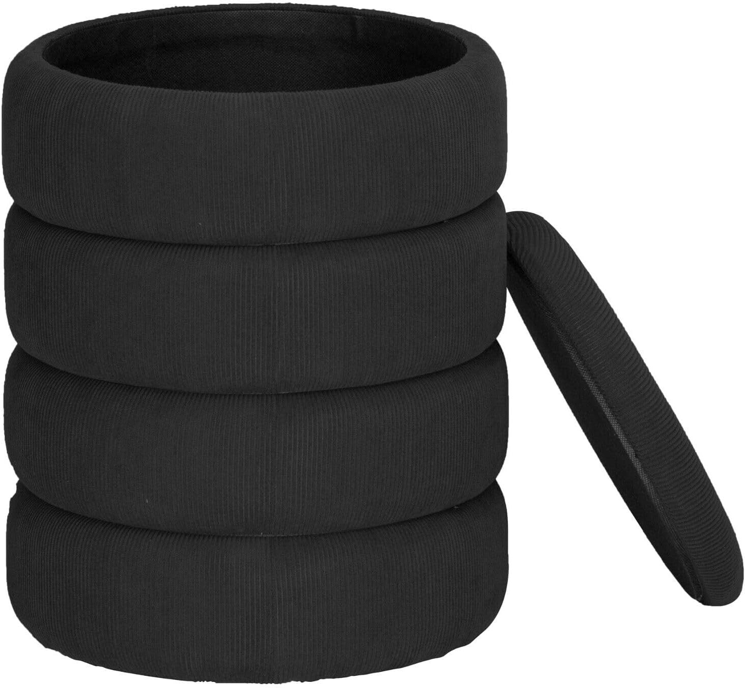 Black Velvet Round Storage Ottoman Pouffe Footstool Vanity Stool 35×45.5cm