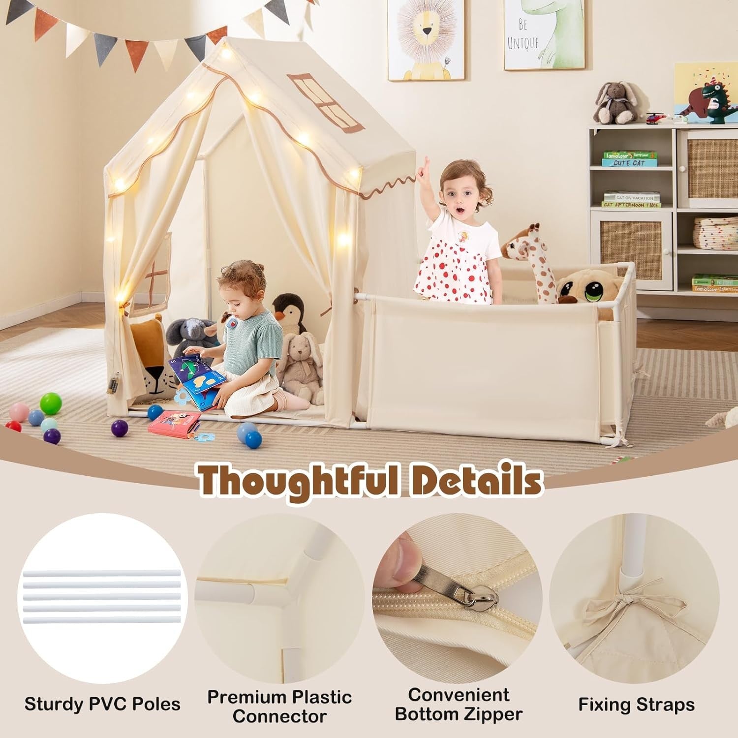 Kids Play Tent Beige Castle with Lights Mat Indoor Toddler Playhouse