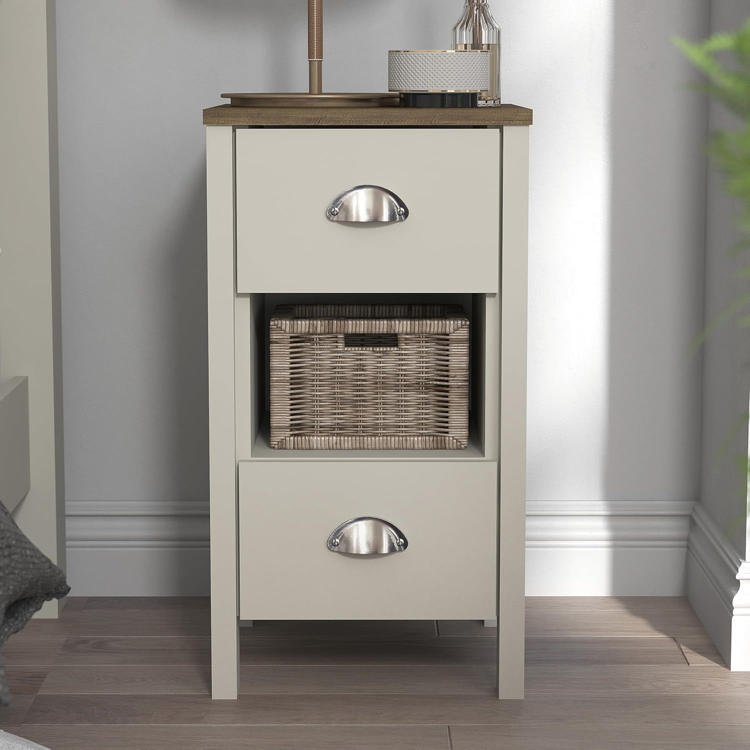 2x Light Grey Oak Bedside Tables with Drawers – Modern Compact Nightstands