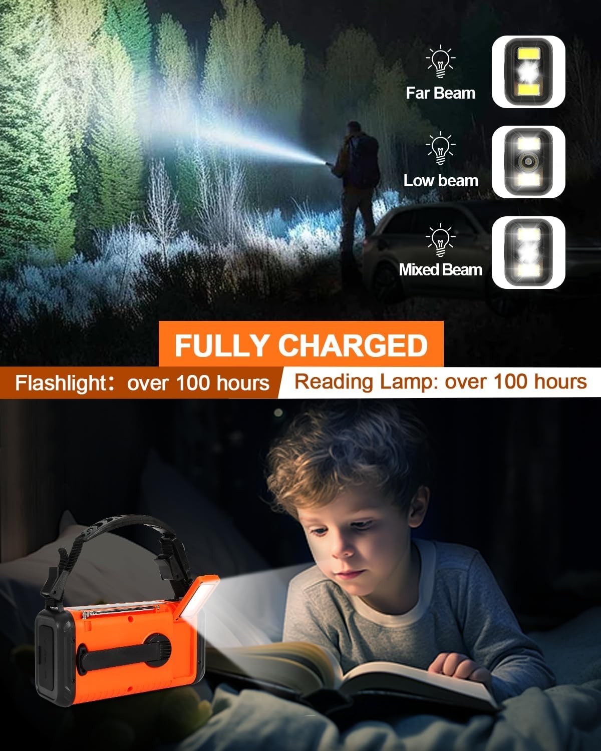Wind Up Orange Solar Emergency Radio with 20000mAh Battery, AM/FM & Flashlight