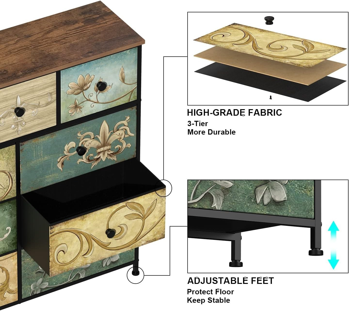 Retro Floral Pattern 9-Drawer Dresser Chest for Bedroom Nursery Storage