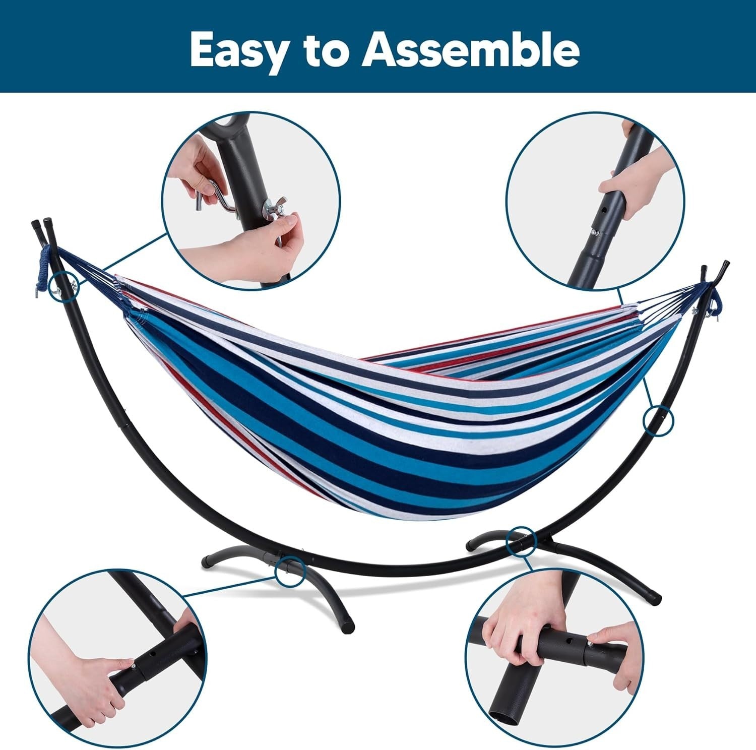 Blue Red Hammock with Stand | 2-3 Person 475lb Capacity | Portable Patio Bed
