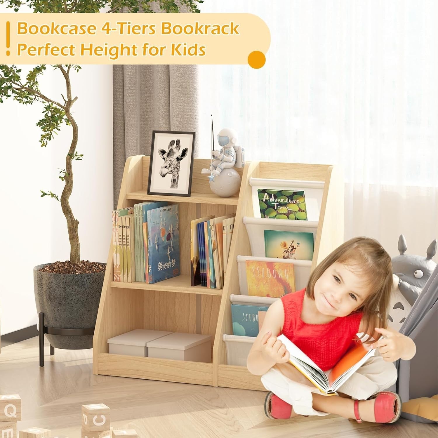 Kids Wooden Bookshelf Toy Storage Rack Montessori Organizer for Nursery Room