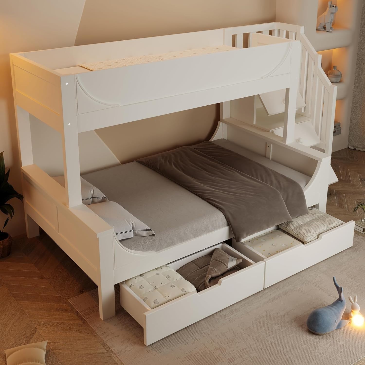 Space-Saving Double Bunk Bed with Storage Drawers & Stairs, Kids Safe