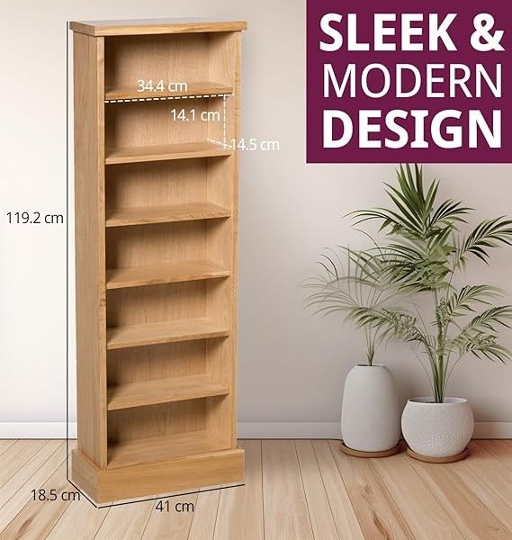 Narrow Oak Storage Tower – 7-Tier Wooden CD DVD Book Display Shelf Unit