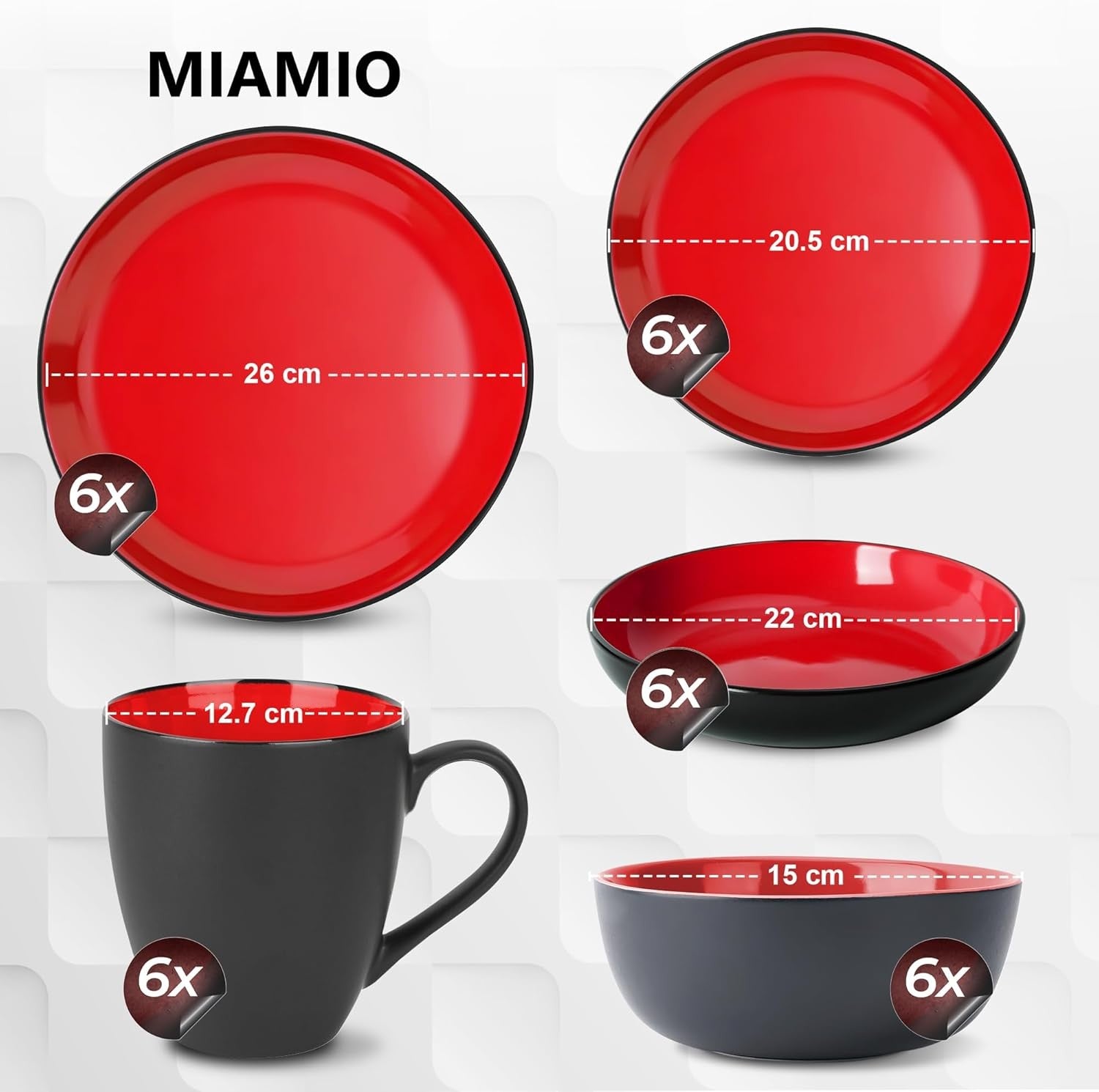 30pc Stoneware Dinner Set Red Plates Bowls Mugs Service for 6 Dishwasher