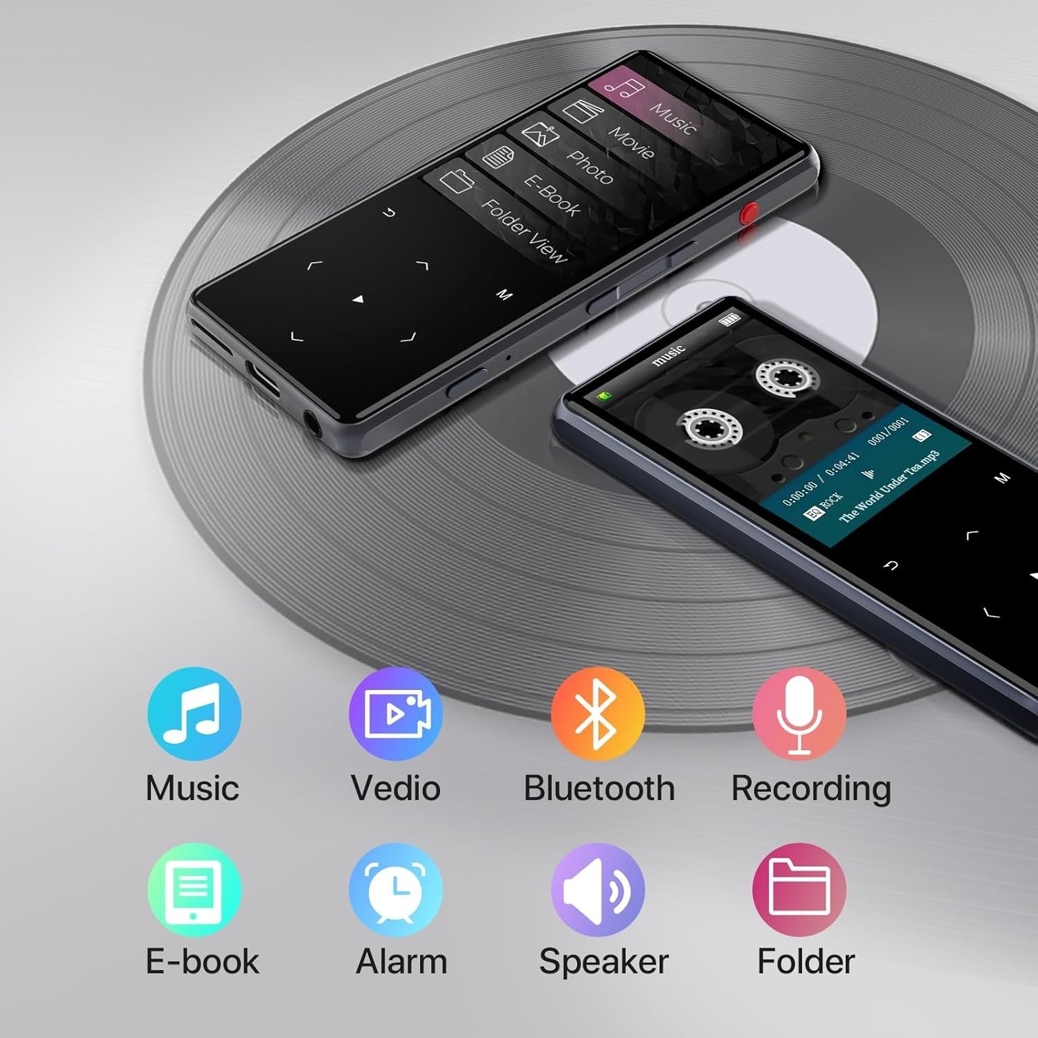 Bluetooth 5.0 64GB 2.4″ MP3 Player with Speaker, Voice Recorder & E‑Book
