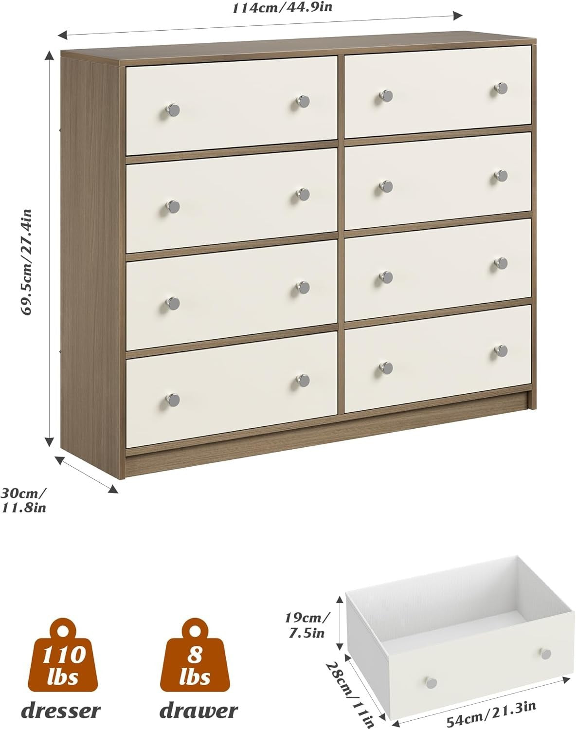 8 Drawer Fabric Chest Storage Unit White Wood Modern Bedroom Cabinet