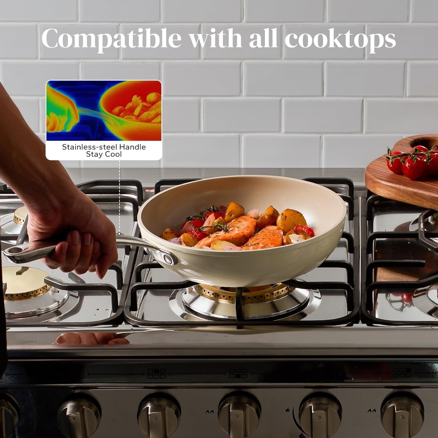 28cm Beige Ceramic Non Stick Frying Pan Saute Pan with Lid PTFE & PFAS PFOA Free