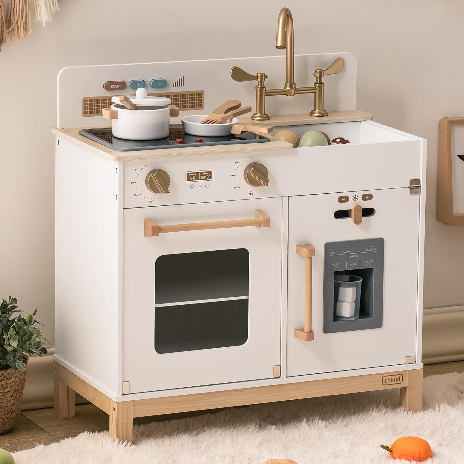 Wooden Kids Play Kitchen White Toy Set Lights Sounds Stove Accessories