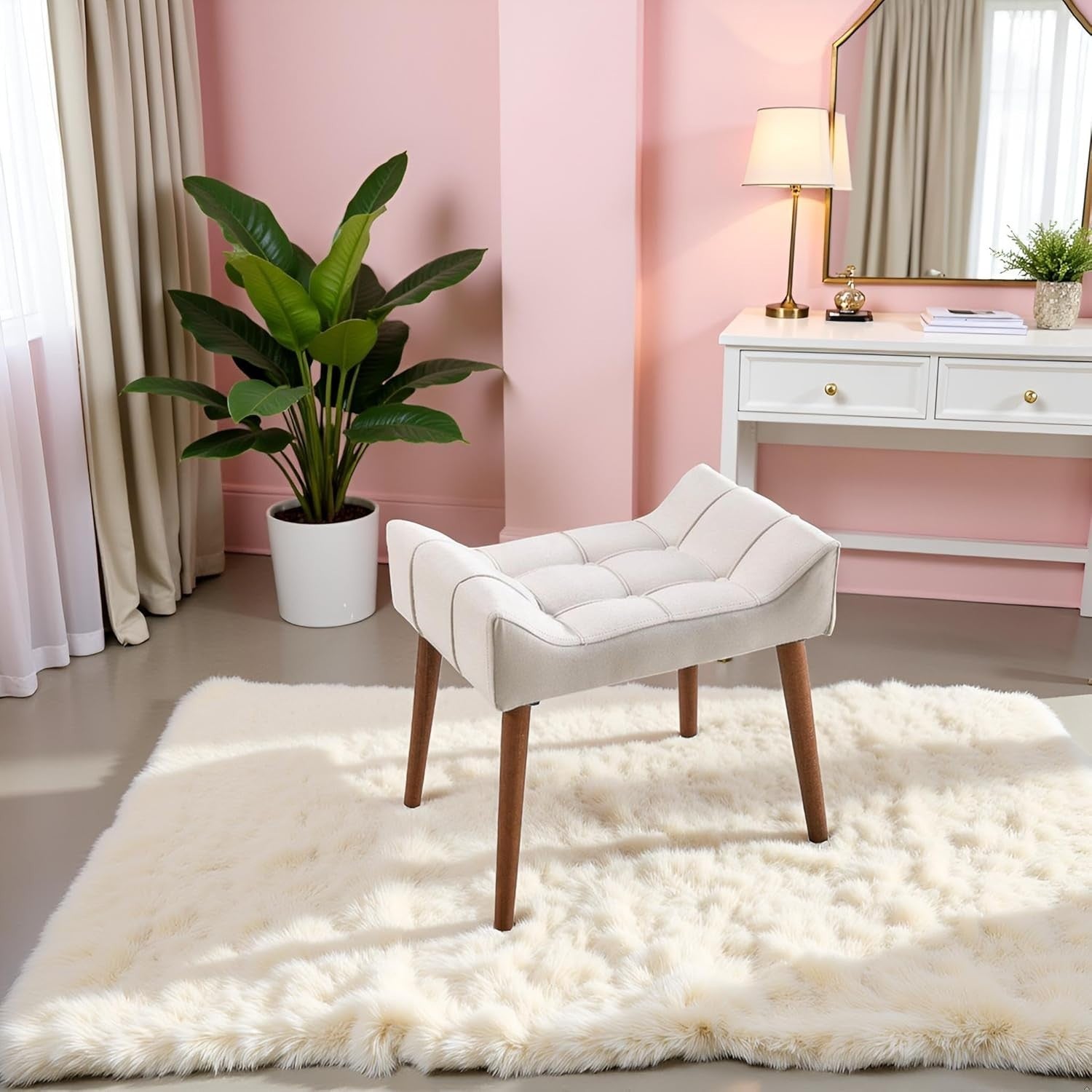 Cream Padded Dressing Table Stool Modern Vanity Makeup Chair Bedroom