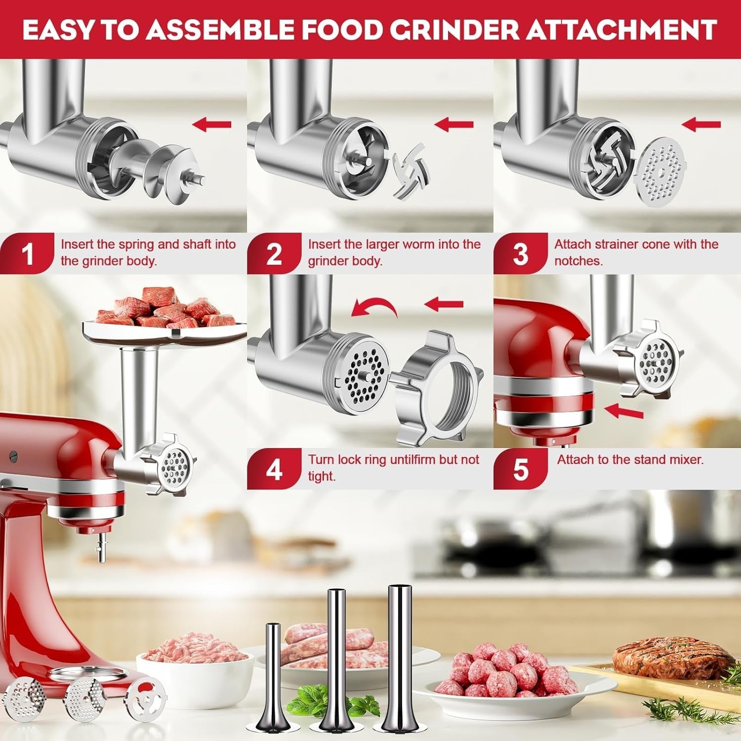 Meat Grinder Attachment Stand Mixer Sausage Stuffer 3 Tubes Metal