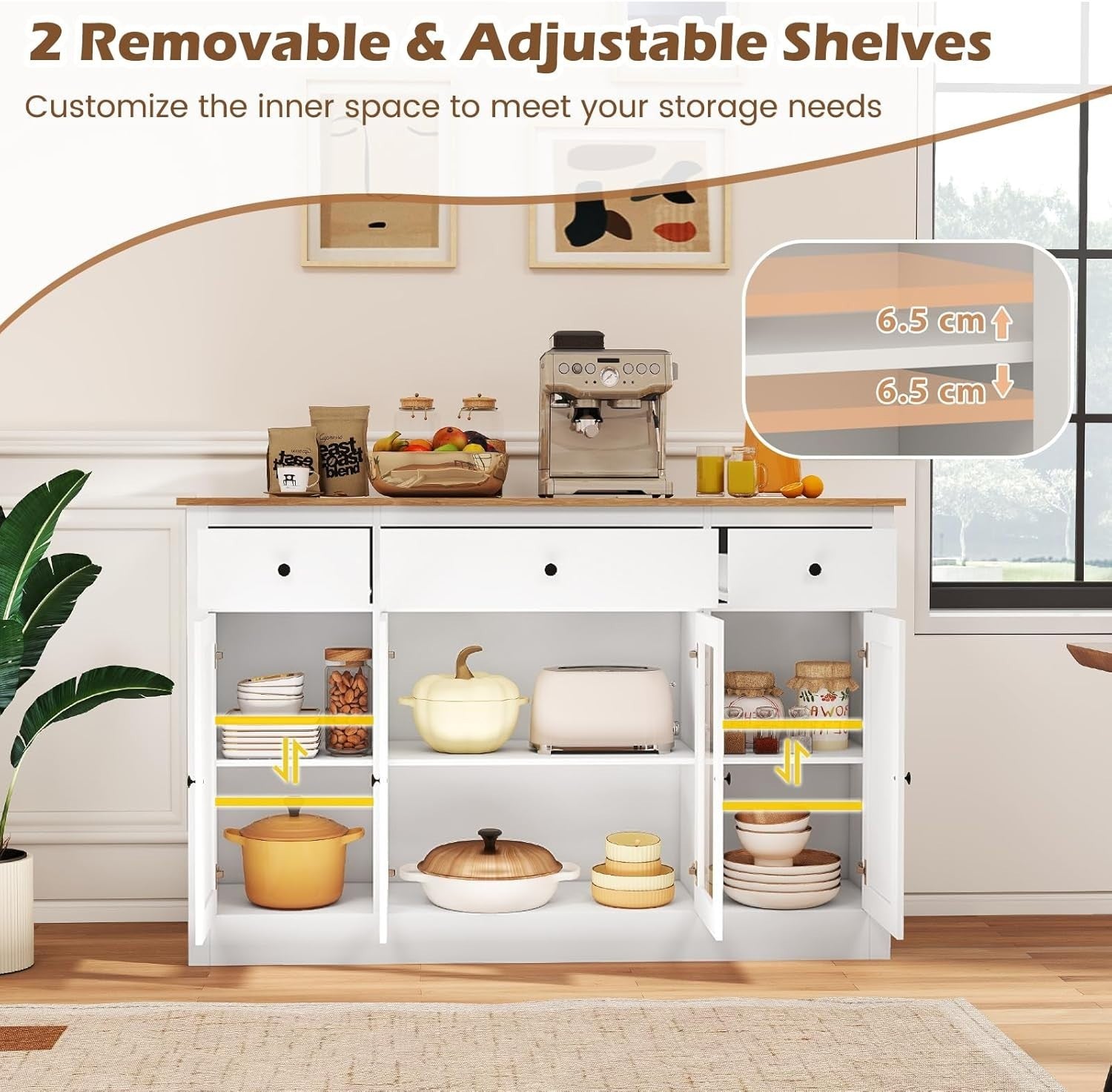 140cm White Buffet Sideboard Cabinet 3 Drawers 2 Glass Doors Adjustable Shelves