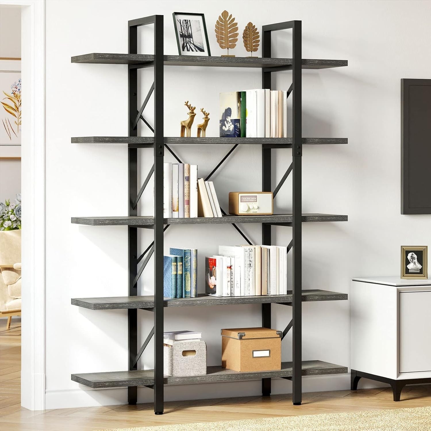 5-Tier Industrial Bookcase | Charcoal Grey & Black Wide Storage Shelf Unit