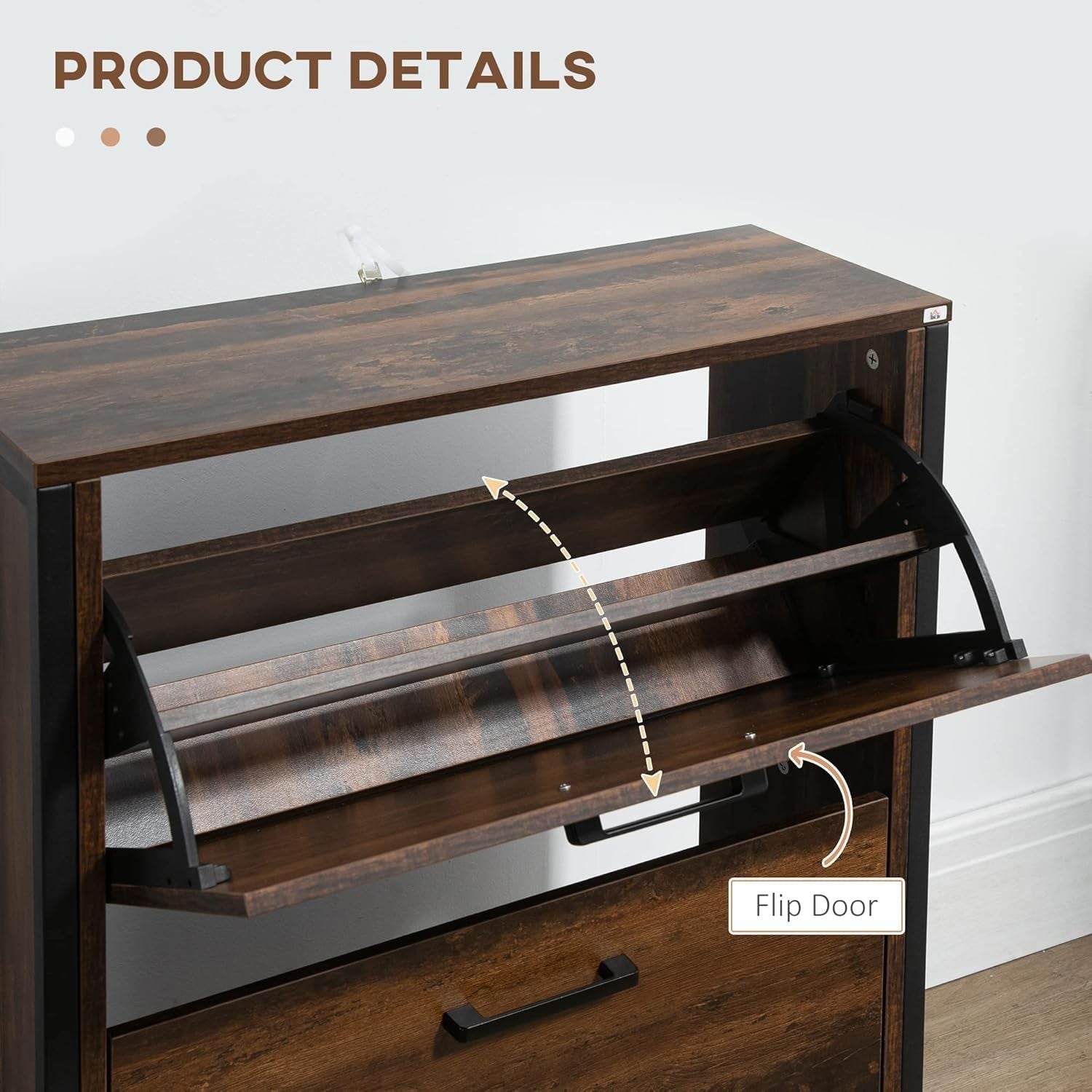 Slim Industrial Shoe Cabinet 2 Flip Drawers Hallway Storage 64x23.5x85cm