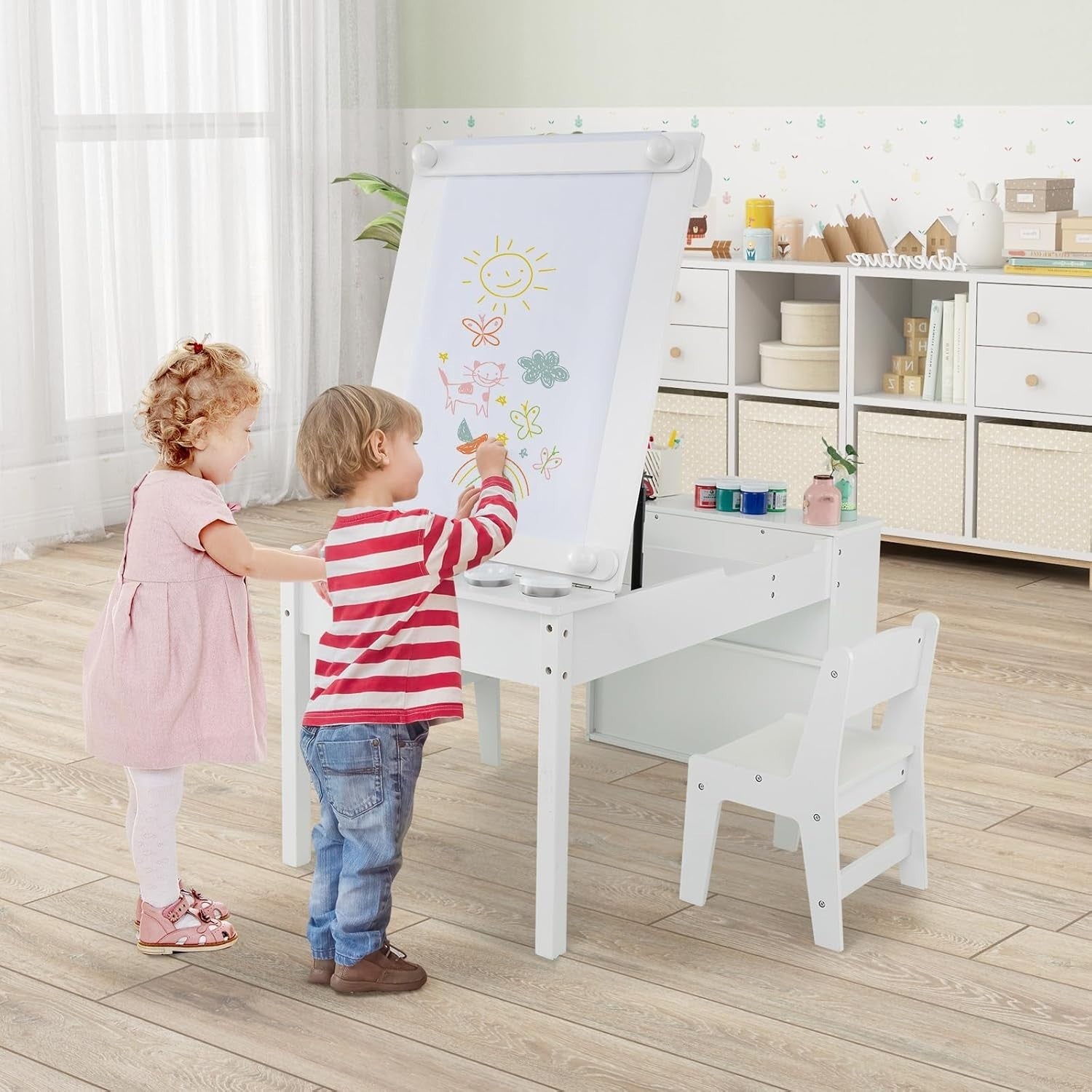 Kids 2-in-1 Art Table & Chair Set with Storage Bins & Paper Roll, White