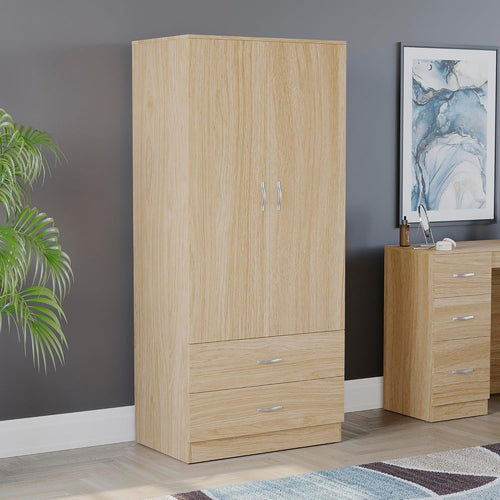 2 Door Wardrobe with Drawers & Rail, Pine Bedroom Storage Unit Tall